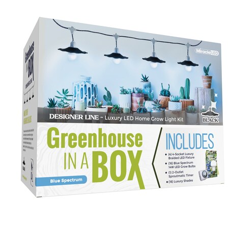 Miracle Led 4-Socket Designer Greenhouse in a Box Grow Light Kit, Blue Spec., 14W Replace 150W Grow Bulbs, 4PK 801770